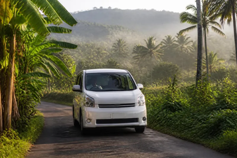 Auto met chauffeur op een landweg tussen de kokospalmen in Sri Lanka